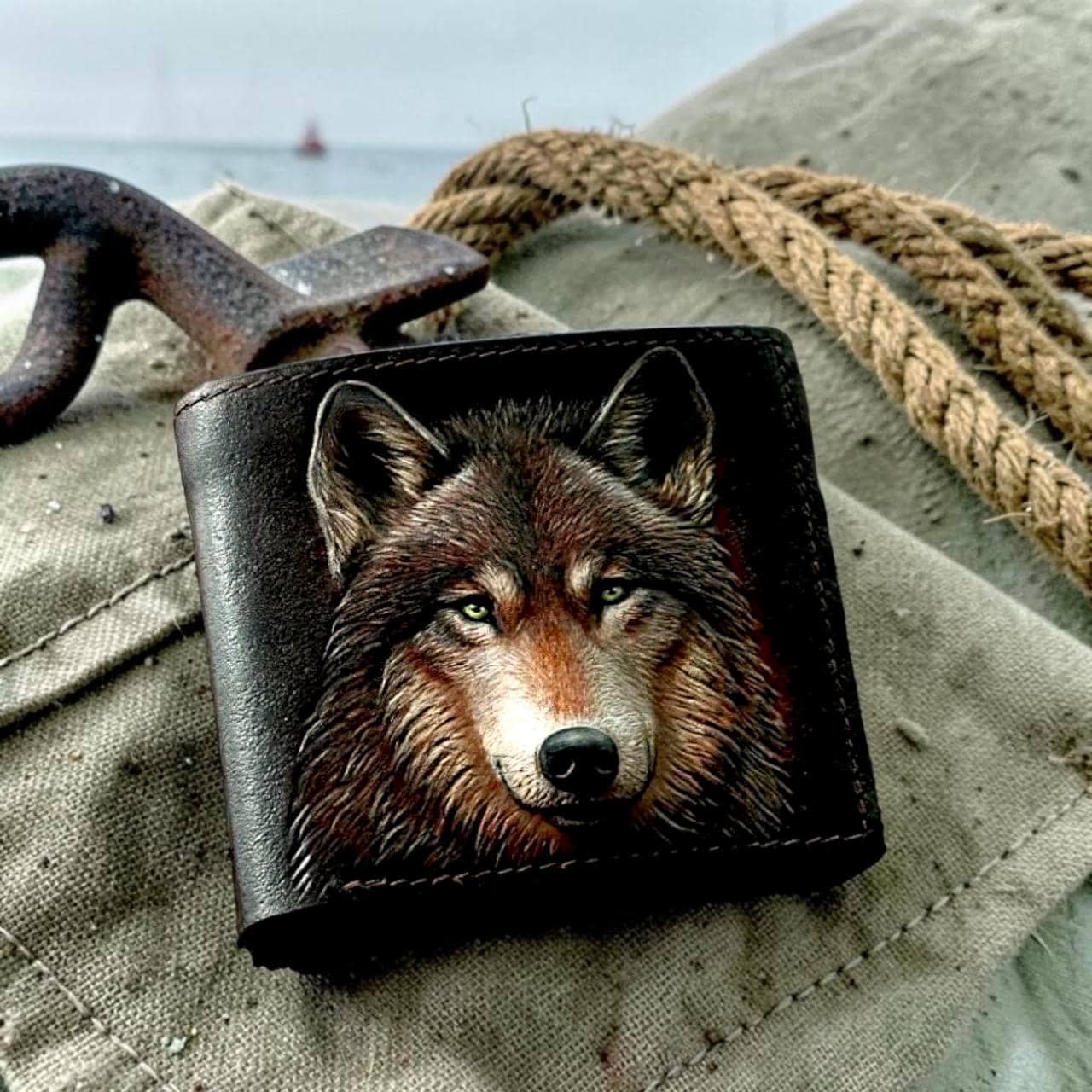Hand-tooled Leather Gray Wolf Wallet, Carved Wildlife Bifold
