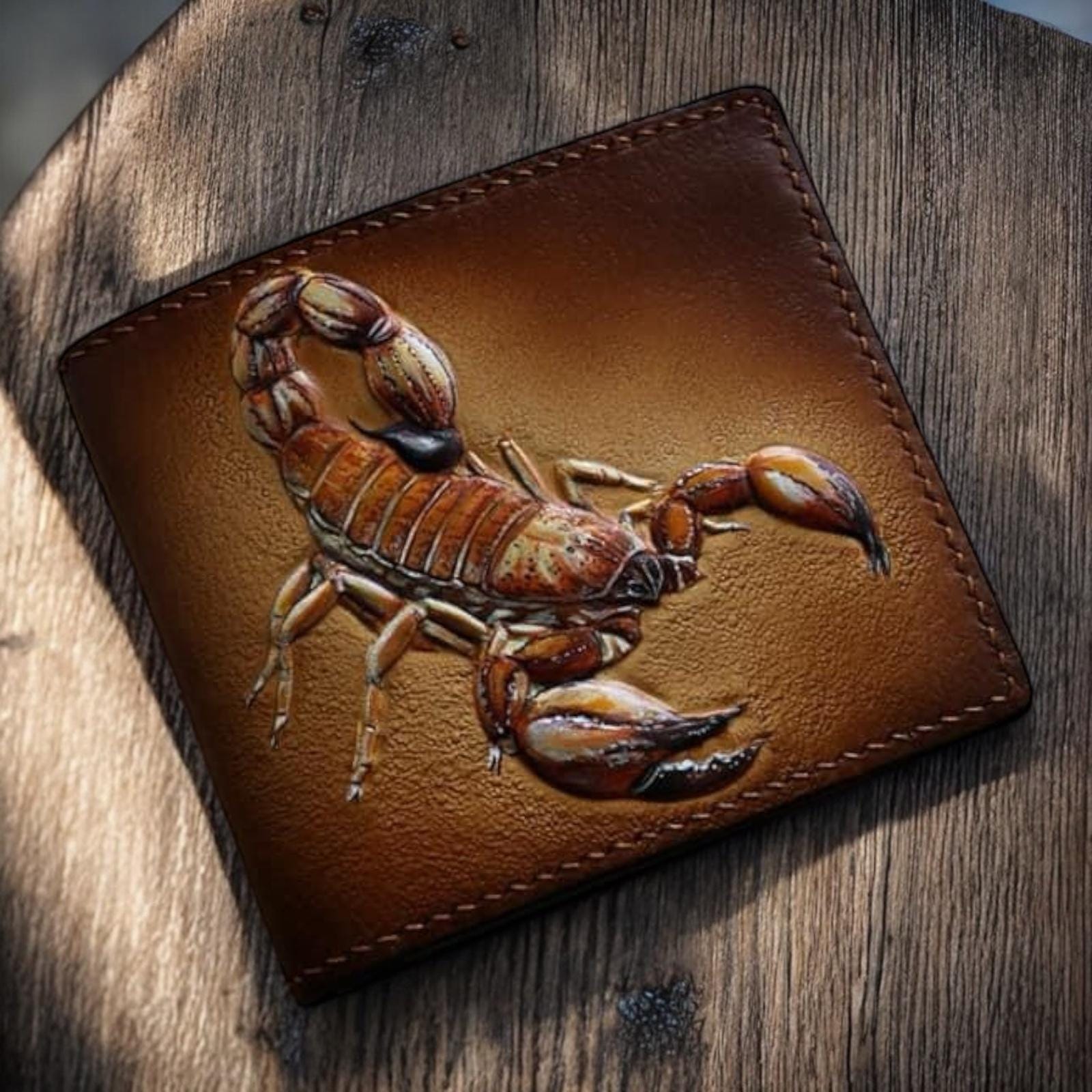 Men's Genuine Leather Biker Wallet With Metal Chain & Scorpion Design