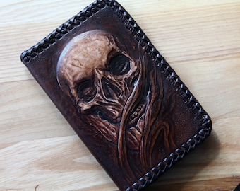 Skull wallet Skeleton Men's wallet Leather Carving, Custom wallet, Genuine Leather wallet biker wallet Personalized wallet.
