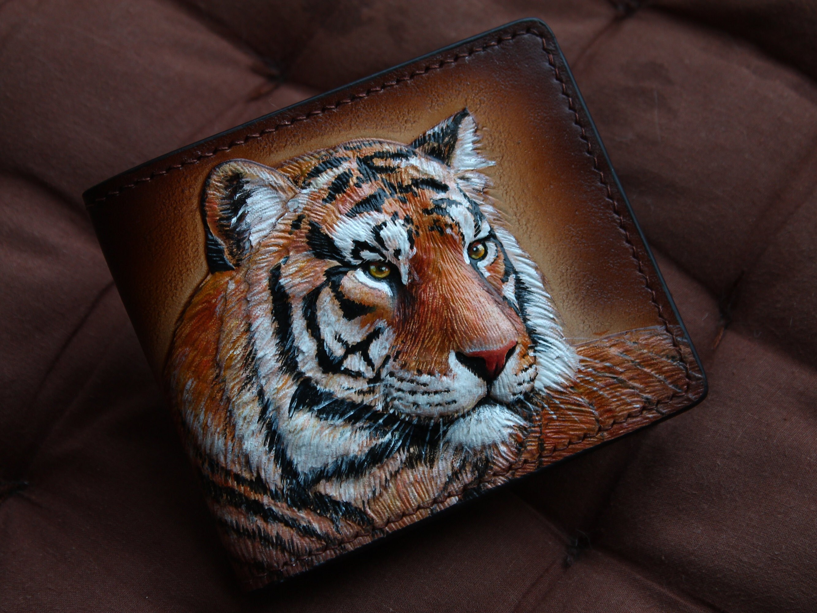 Tiger Wild Cat Portrait Wallet for Men Hand Painted Leather 