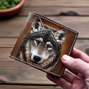 Handcrafted Leather Wallet with Wolf Embossing & Hand-Painted Artwork – Unique Gift for Him, Animal Lover Gift, Personalized Wallet