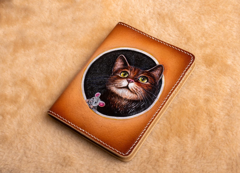 Cat wallet, Leather passport wallet. Hand-tooled wallet. Pet portrait passport cover, Cat passport cover, custom cat portrait from foto. image 7