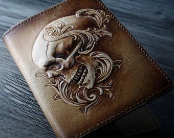Funda para pasaporte con calavera, funda para pasaporte labrada. Cartera de cuero para pasaporte. Calavera tallada a mano. Cartera con calavera. Funda para pasaporte de motociclista. Ucrania.
