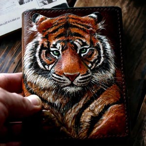Hand Tooled Leather Tiger Wallet, Custom Passport Cover, Travel Document Case