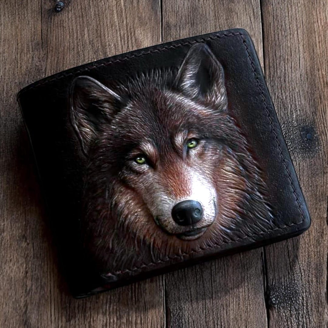 Buy Hand-tooled Leather Gray Wolf Wallet: Wildlife Art Design