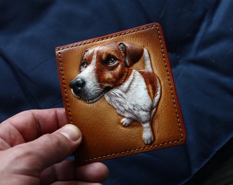 Dog wallet, leather card holder with tooled Dog. Credit card holder. tooled wallet. Personalized Card Holder Mens gift