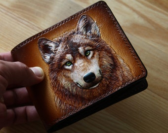 Cartera de Lobo de Cuero Artesanal: Arte Único de Vida Silvestre para el Hombre Exquisito. Cartera tallada a mano, cartera personalizada, cartera artesanal.