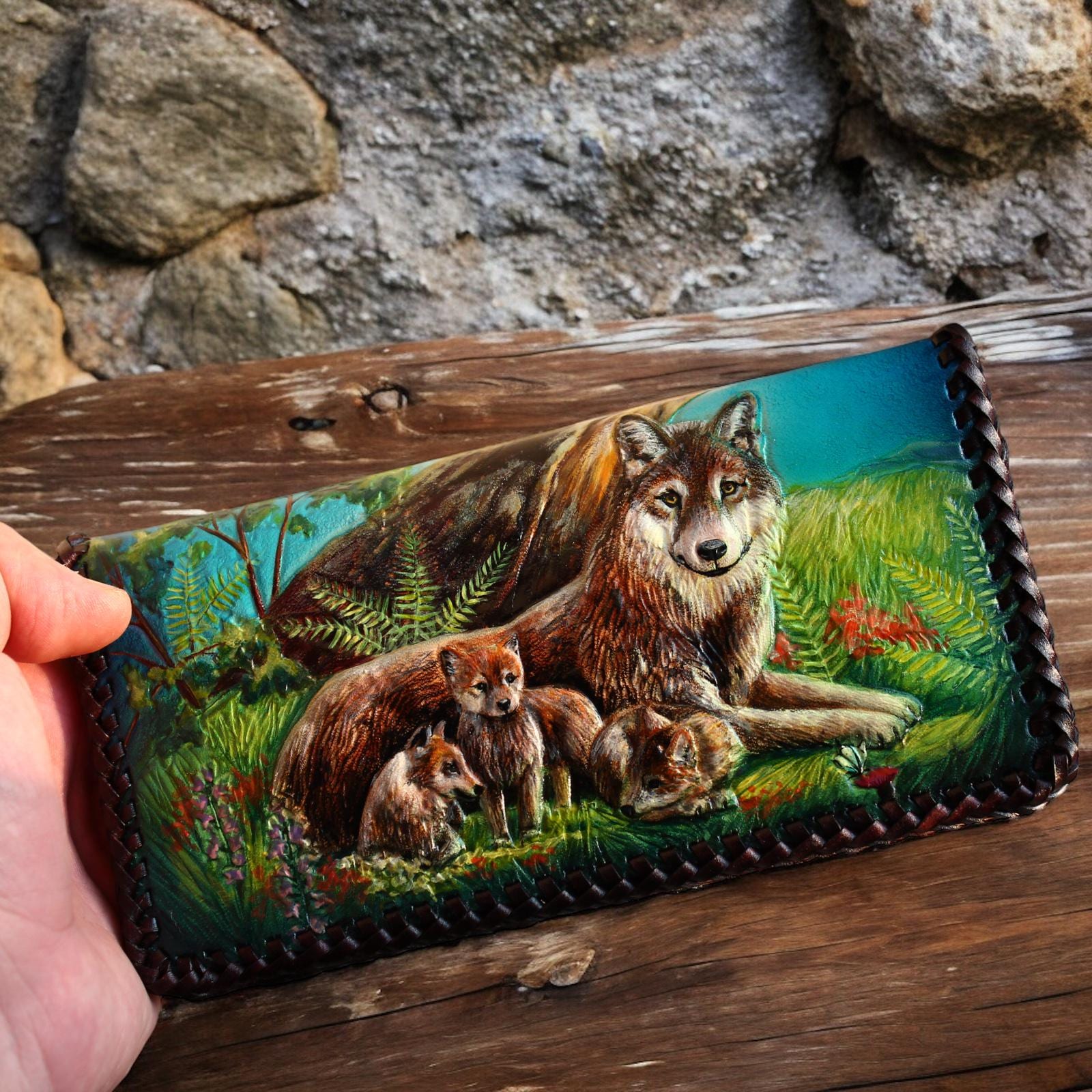 Custom Wolf Design Leather Wallet – Handmade Braided Long Wallet 