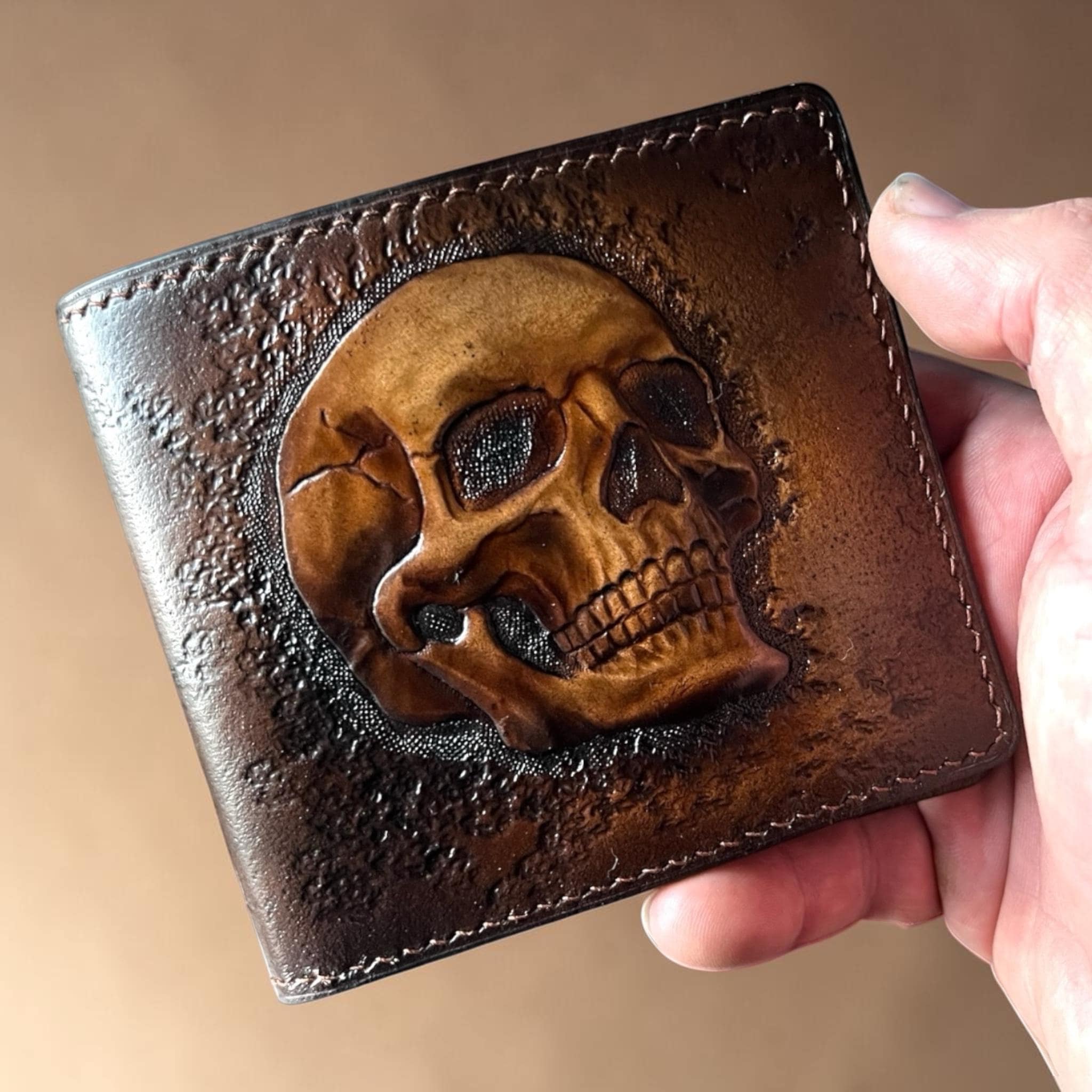 Hand Tooled Leather Skull Wallet for Men, Biker Gothic Motorcycle