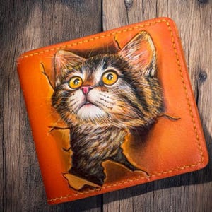 Cartera de cuero Cartera de gato Cartera de cuero hecha a mano Cartera tallada a mano Cartera personalizada Cartera hecha a mano y pintada, retrato de gato. Idea de regalo