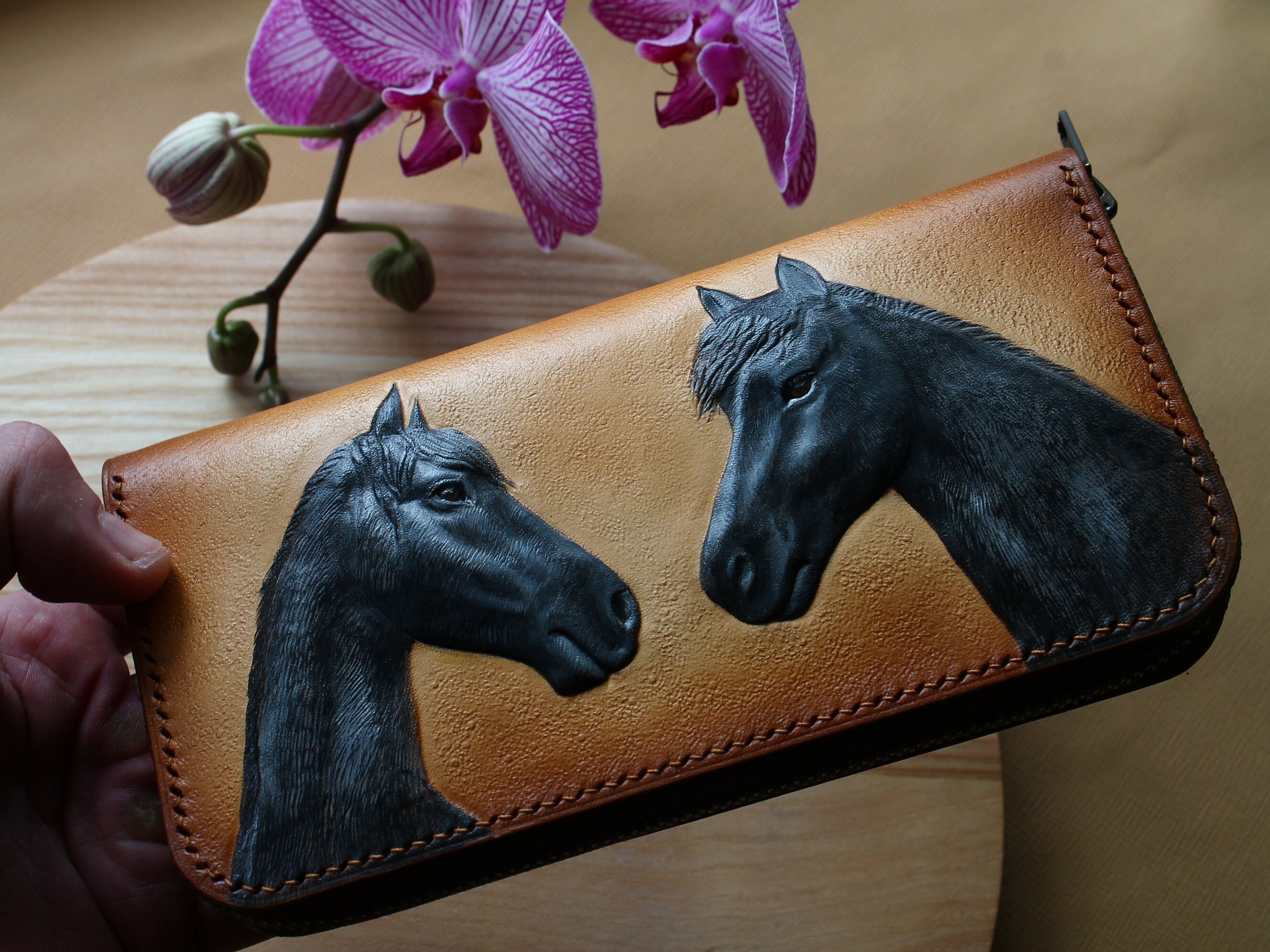 Leather Wallet, Horse Wallet, Hand-tooled Leather Wallet
