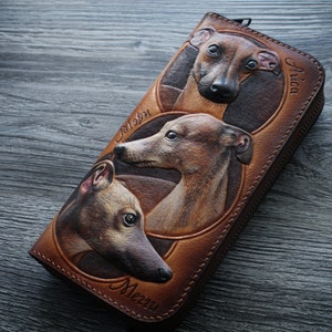 Hundebrieftasche, Hand punzierte Damenbrieftasche, Reißverschlussbrieftasche mit drei schönen italienischen Windhunden. Hundeliebhaber Geschenk. Tierportrait vom Foto.