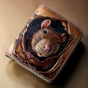 Hand Tooled Leather Wallet with Mouse Carving, Vegetable-Tanned Genuine RFID Blocking Bi-Fold Wallet