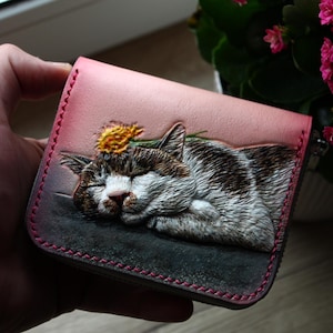 Carteira com estampa de gato feita à mão da Ucrânia - Carteira com zíper exclusiva para mulheres, carteira feminina personalizada esculpida, presente perfeito para ela