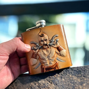 Hand-Tooled Leather Flask: Warrior Design, Stainless Steel Hip Flask