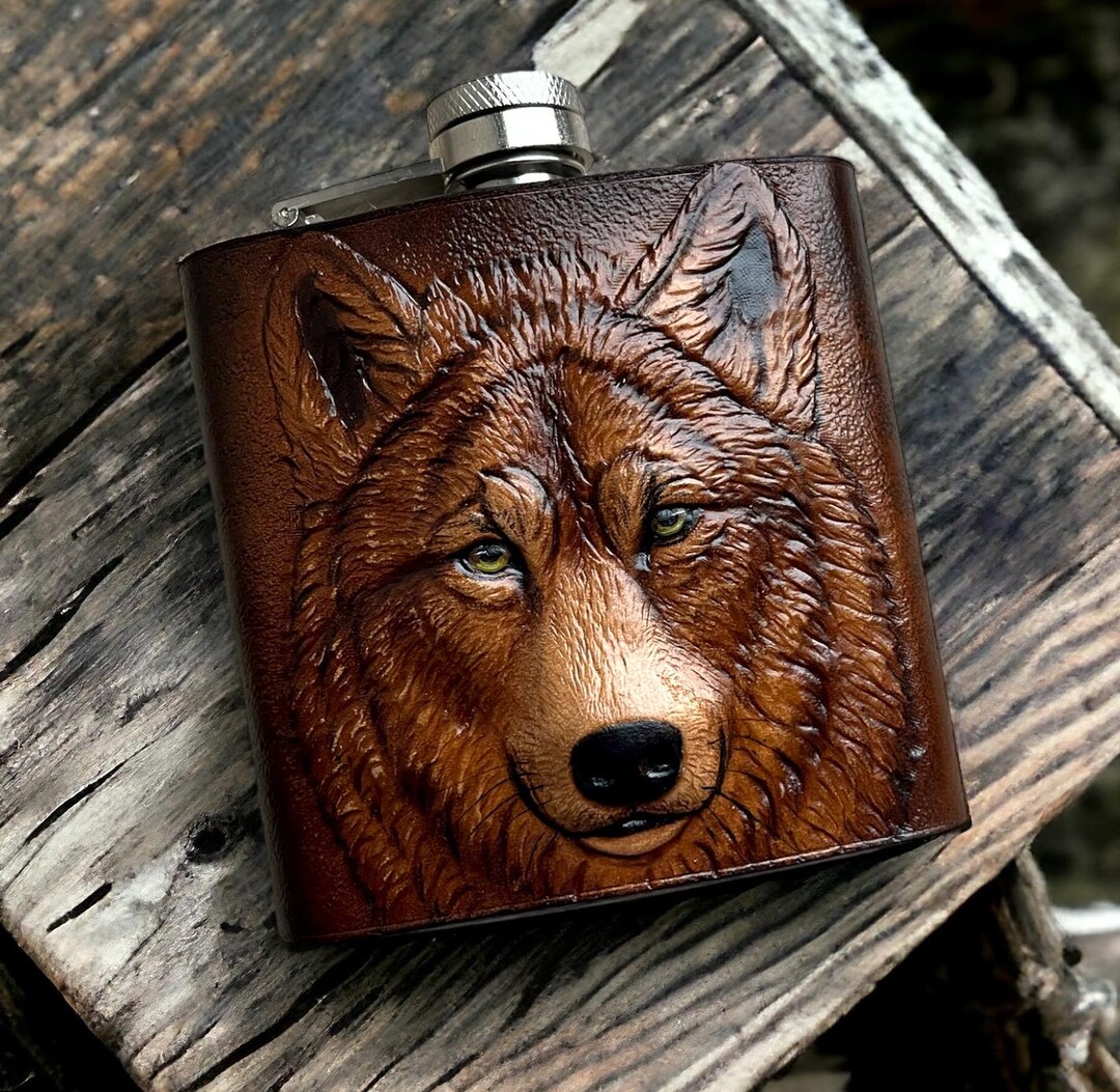 Handcrafted Leather Flask Tooled Wolf Design Stainless Steel Hip Flask
