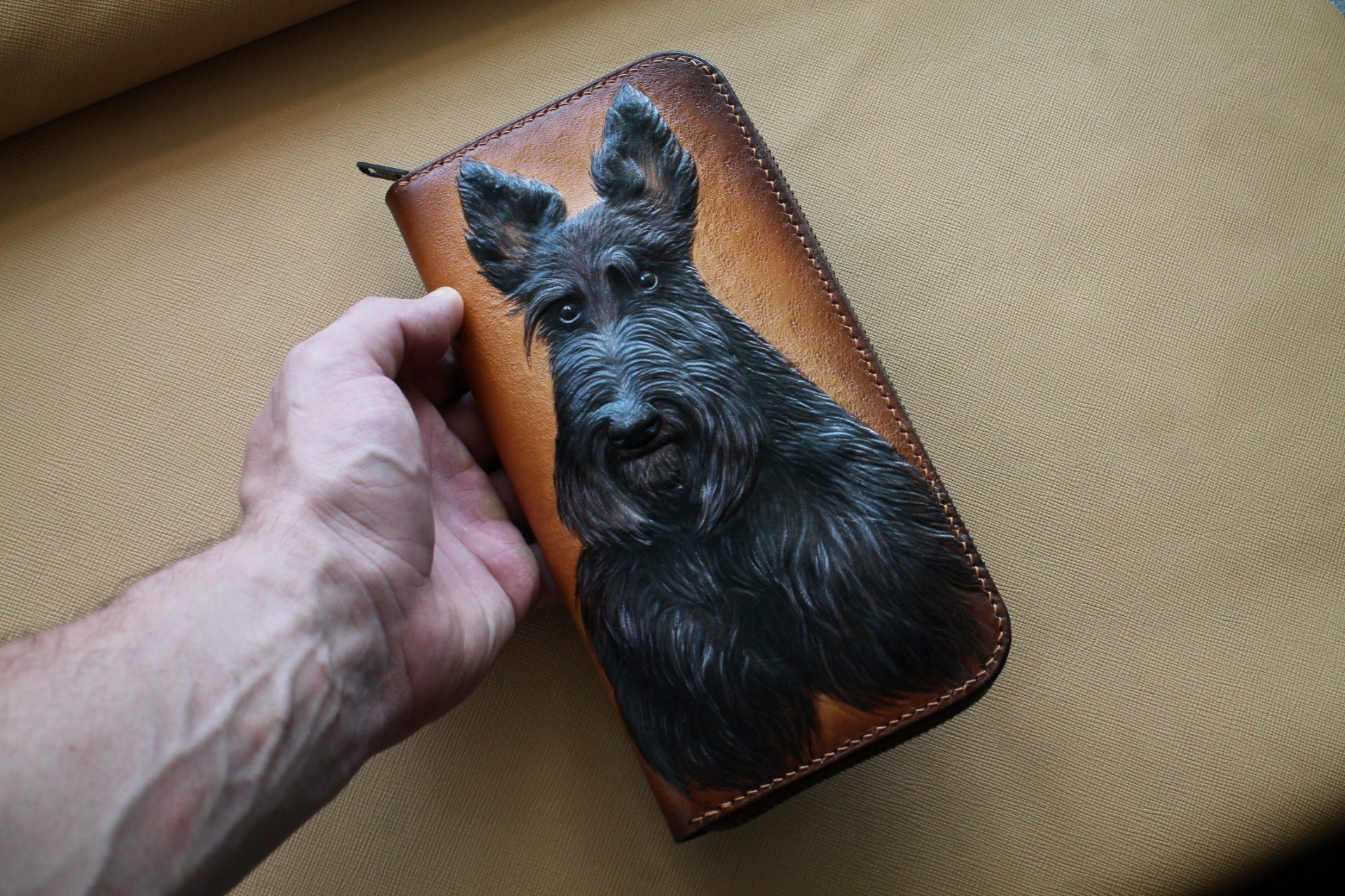 Handtooled Leather Wallet Dog Wallet Scottish Terrier Wallet Etsy