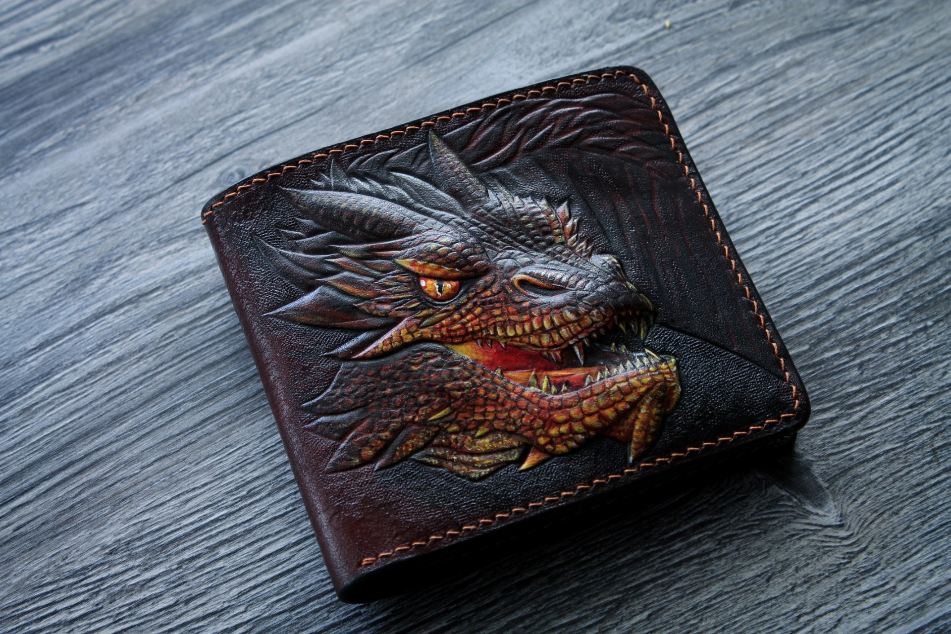 Leather Front Pocket Wallet with carved fantasy dragon Etsy