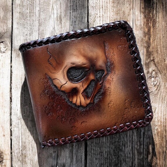 Cartera de calavera Esqueleto Cartera de cuero genuino Cartera de motociclista Cartera de hombre Pintada a mano Talla de cuero Cartera personalizada Cartera personalizada Etsy Mexico