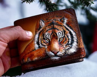 Leather wallet, Tiger wallet, Hand tooled leather wallet, men's wallet, custom wallet, hand carved walet, mens gift.