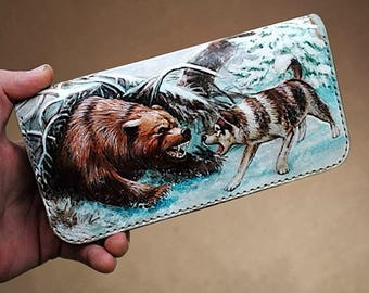 Handmade Leather Zipper Wallet: Embossed Bear vs Dog Scene