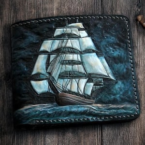 Cartera de barco de cuero hecha a mano, cartera de velero, cartera tallada, cartera labrada, cartera de marinero, cartera de barco, cartera personalizada, regalo para hombre, cartera de mar