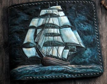 Cartera de barco de cuero hecha a mano, cartera de velero, cartera tallada, cartera labrada, cartera de marinero, cartera de barco, cartera personalizada, regalo para hombre, cartera de mar