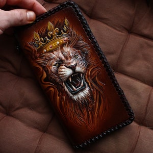 Cartera de león Cartera de cuero Cartera larga para hombre Cartera hecha a mano, cartera tallada, cartera personalizada, regalo para hombre. Cartera de Ucrania. Regalos para novios imagen 7