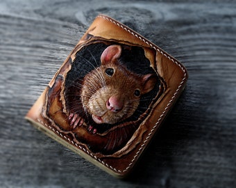 Leather wallet, Hand tooled leather wallet with a nice little mouse, tooled wallet, hand-carved walet, custom wallet, mens gift