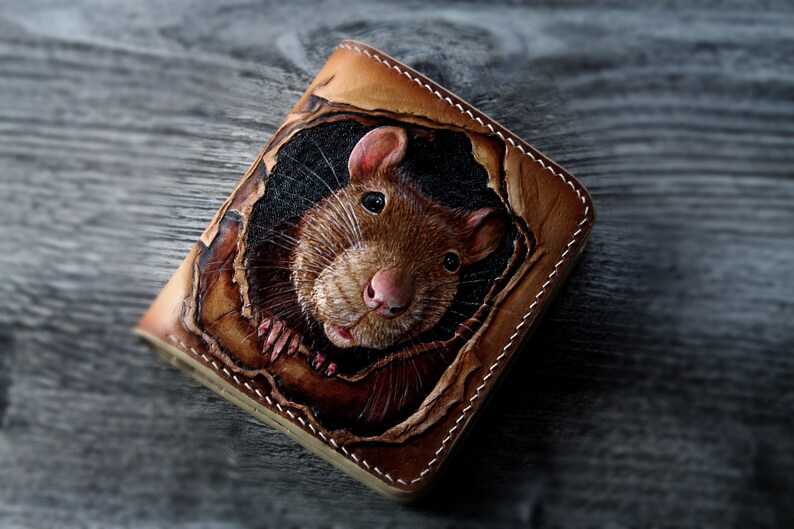 Leather wallet, Hand tooled leather wallet with a nice little mouse, tooled wallet, hand-carved walet, custom wallet, mens gift image 1