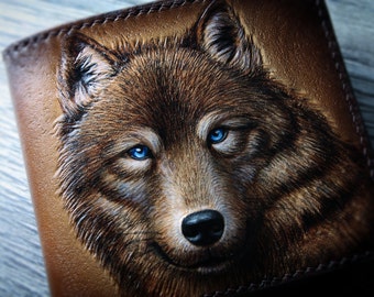 Wolf Wallet Cartera de cuero labrada a mano Cartera tallada a mano Cartera plegable para hombre. Cartera artesanal Cartera labrada a mano Regalos para hombres. Ucrania