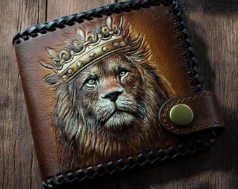 Cartera de cuero ucraniano. Cartera con diseño de león. Cartera hecha a mano. Cartera con grabado único. Cartera trenzada. Cartera personalizada, regalo para hombre.