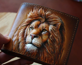 Lion wallet, Leather wallet, Hand tooled leather wallet, tooled wallet, hand carved wallet, custom wallet, mens gift