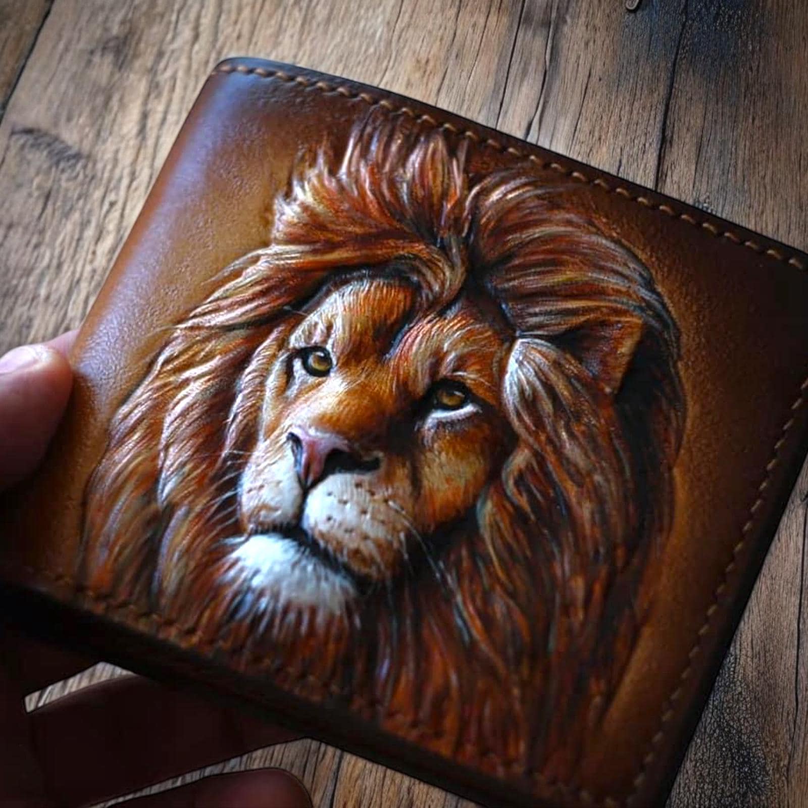 Hand Tooled Leather Lion Wallet, Carved Design, Mens Gift - Etsy