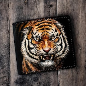 Tiger Geldbörse, Leder Geldbörse, Hand-punzierte Leder Geldbörse, Biker Geldbörse, punzierte Geldbörse, geschnitzte Geldbörse, Herren Geldbörse, Herren Geschenk