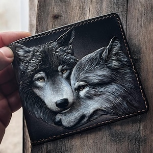 Cartera de lobo. Cartera plegable, Cartera de cuero labrado "Pareja de lobos", Cartera de cuero labrado a mano, cartera tallada, cartera personalizada, regalo para hombres
