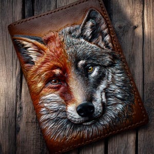 Fuchs und Wolf Geldbörse. Leder Portemonnaie Hand-punzierte Geldbörse Handgefertigte Herren Geldbörse, Wolf Geldbörse, geschnitzte Geldbörse, Männer Geschenk.