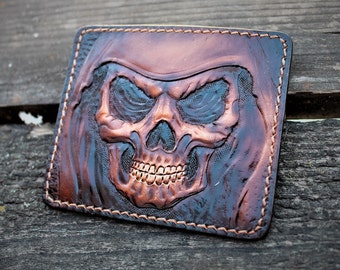 Mens leather card holder with tooled Skull. Leather Card Holder, Hand carved Skull wallet Skeleton Custom wallet. Mens gift