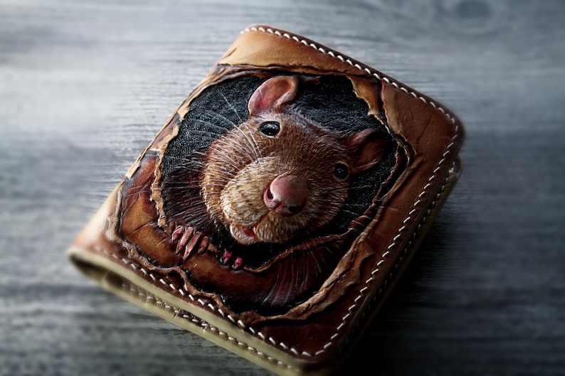 Leather wallet, Hand tooled leather wallet with a nice little mouse, tooled wallet, hand-carved walet, custom wallet, mens gift image 6