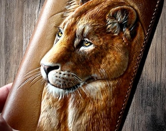 Cartera de cuero, Cartera de león, Cartera de cuero hecha a mano, Cartera tallada a mano, Cartera tallada, Cartera personalizada, regalo de mujer.