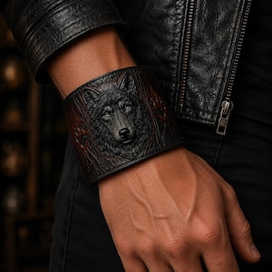 Hand Tooled Wolf Leather Cuff Bracelet, Adjustable Biker Accessory, Gift for Men