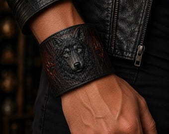 Hand Tooled Wolf Leather Cuff Bracelet, Adjustable Biker Accessory, Gift for Men