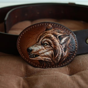 Genuine Leather Belt & WOLF Leather Buckle Custom leather belt Personalized Tooled Leather Belt Western belt, mens western belt, cowboy belt image 1
