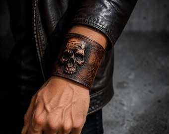 Tooled Leather Skull Cuff, Double Strap Wristband