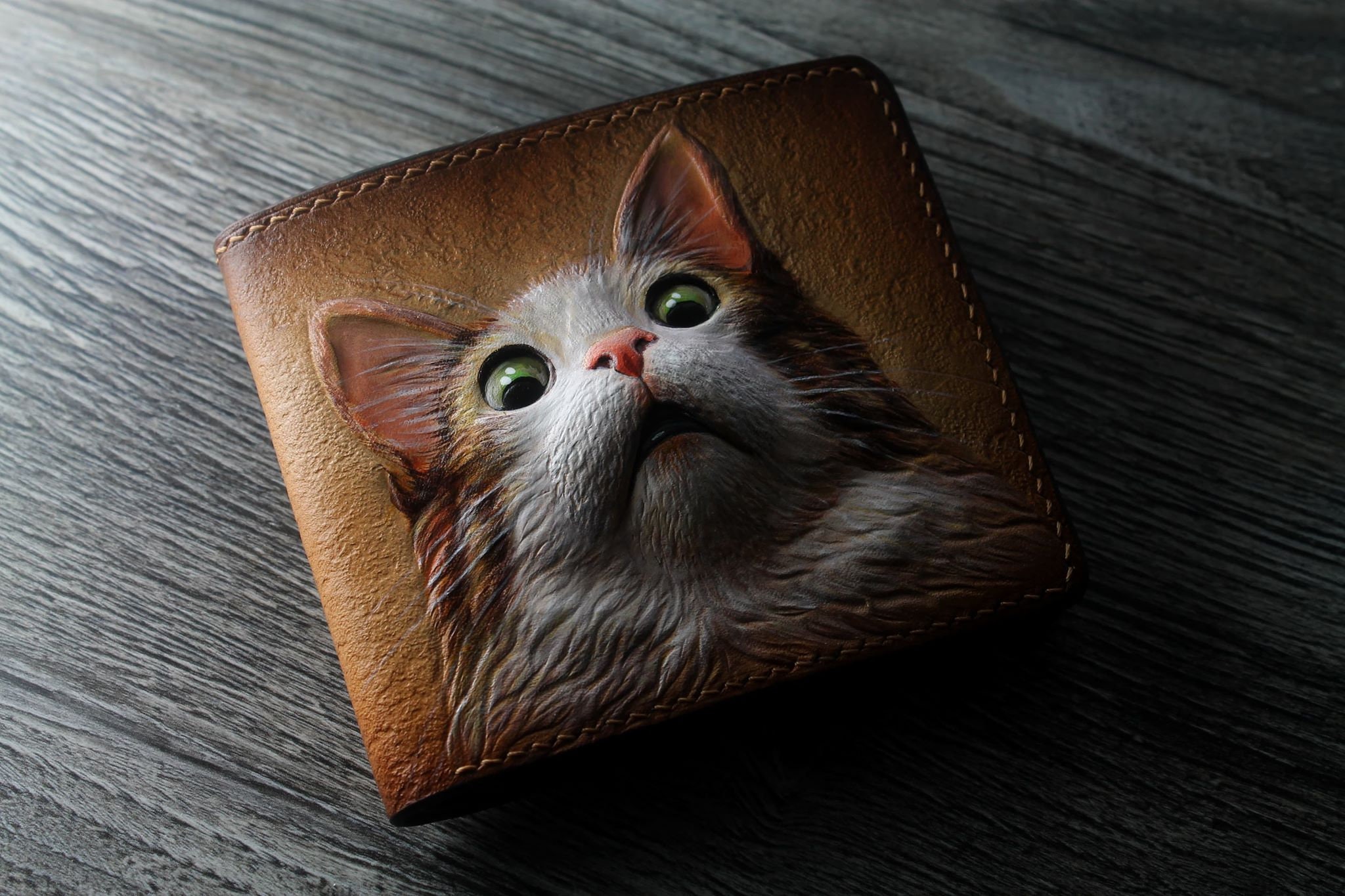 Leather Wallet. Tooled Wallet With Cute Cat. Carved Custom 