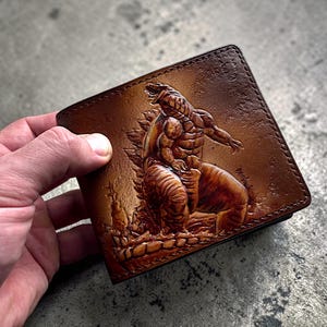 Hand Tooled Leather Bifold Wallet, Kaiju Godzilla Art, Custom Leather Accessory