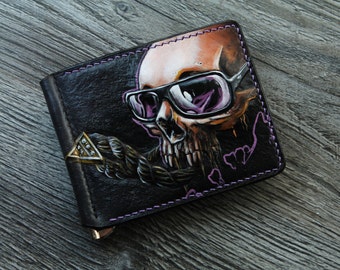 Skull wallet Skeleton, Hand-tooled skull wallet, bike wallet, tooled wallet, biker wallet, men's leather, Leather Money Clip Wallet