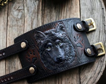 Hand Tooled Leather Cuff: Wolf Wristband, Black Leather Bracelet