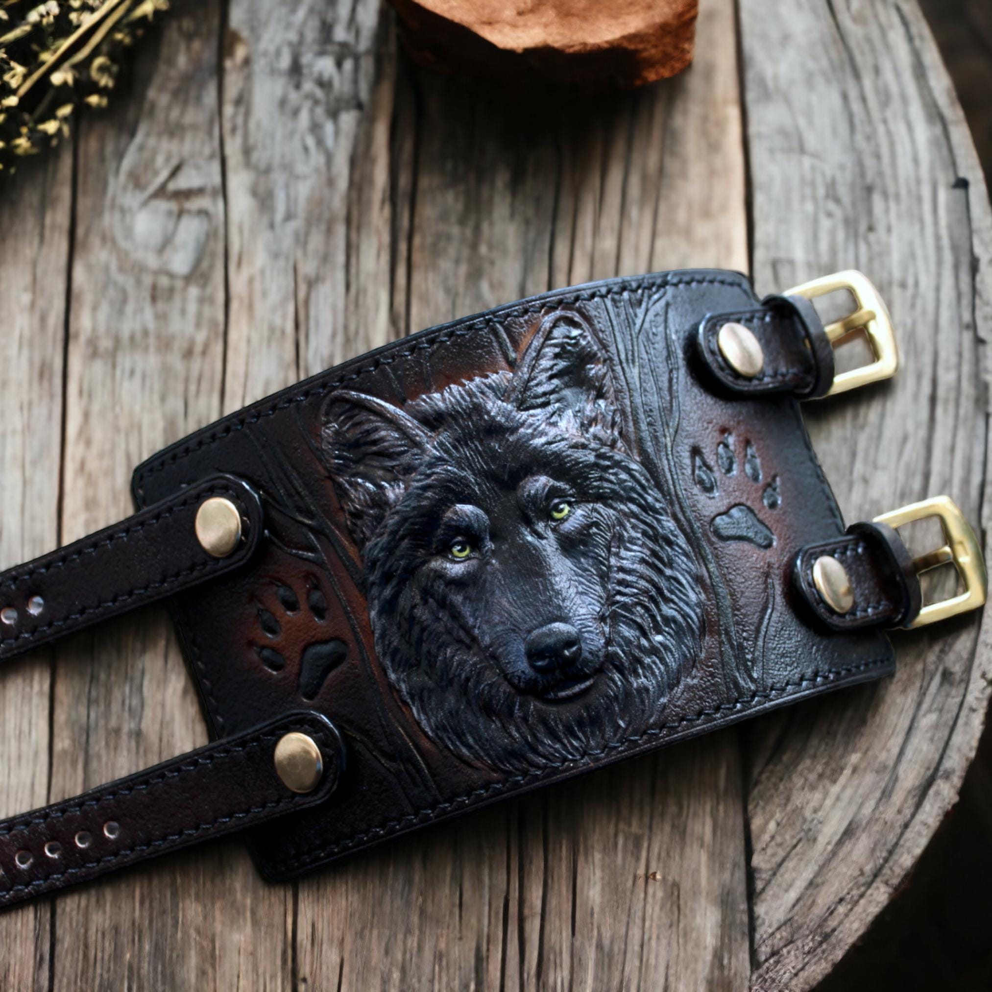 Double Strap Leather Cuff, Wolf Wristband. Black Leather