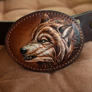 Genuine Leather Belt & WOLF Leather Buckle Custom leather belt Personalized Tooled Leather Belt Western belt, mens western belt, cowboy belt image 6